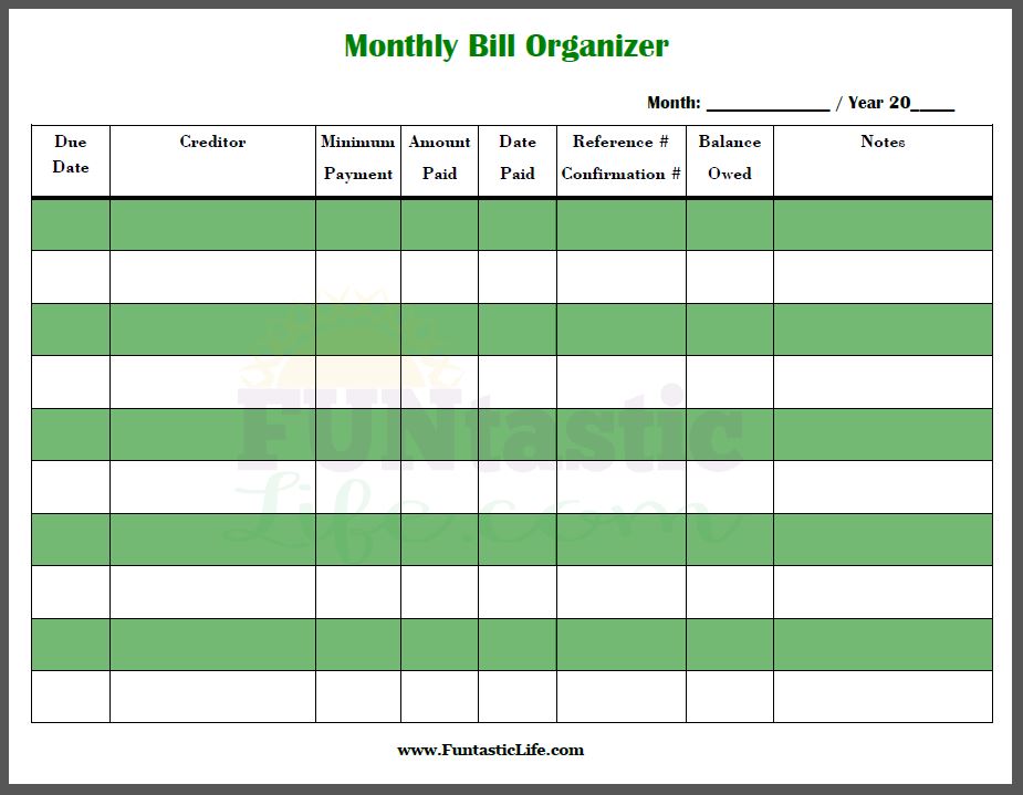 FREE Printable Monthly Bill Organizer