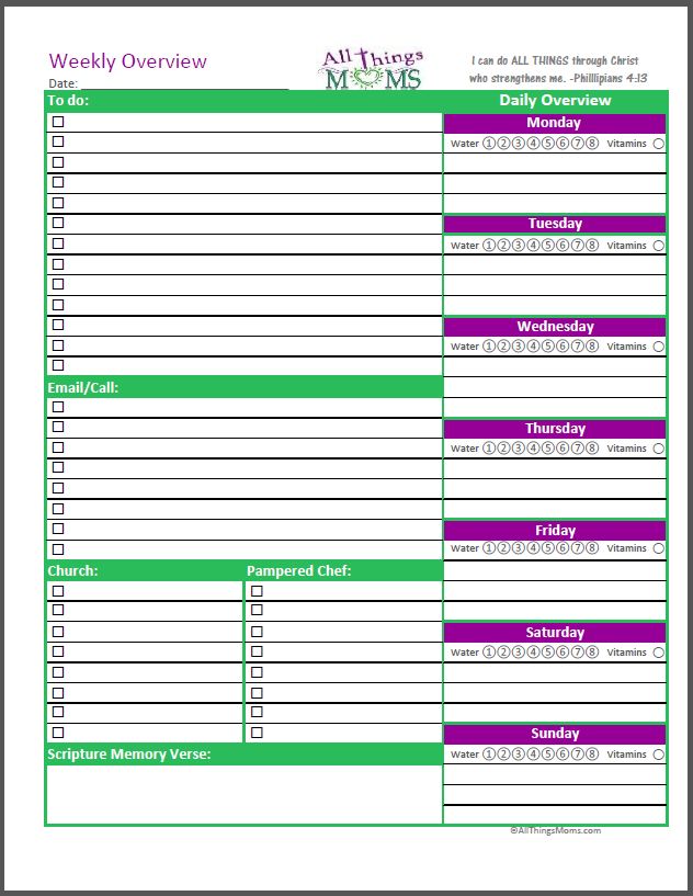 Weekly-Overview Home Organizer- Free Printable